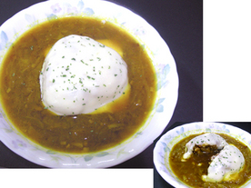カレー焼きおにぎりのオニオングラタンスープ風の画像
